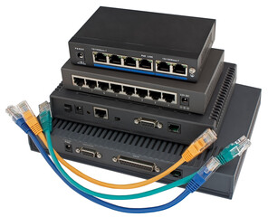 two routers, LAN cables and two modems