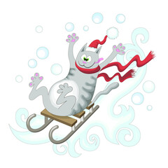 cheerful gray cat in a red hat on a sleigh isolated on white background