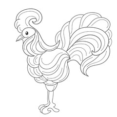 Coloring book page for kids with cute cartoon rooster. Vector illustration.