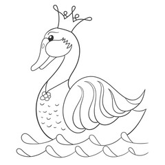 Coloring book page for kids with cute cartoon swan in crown.  Vector illustration.