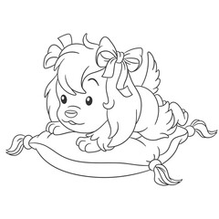 Coloring book page for kids with cute cartoon puppy girl. Vector illustration.