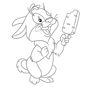 Coloring book page for kids with cute cartoon bunny and ice cream. Vector illustration.
