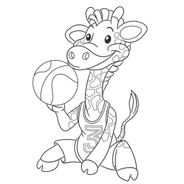 Coloring book page for kids with cute cartoon giraffe playing basketball. Vector illustration.