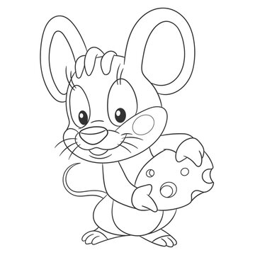 Coloring book page for kids with cute cartoon mouse and cheese. Vector illustration.
