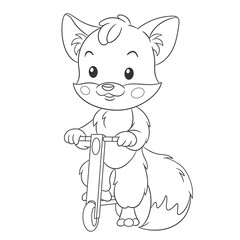 Coloring book page for kids with cute cartoon fox with scooter. Vector illustration.