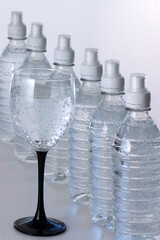 Water bottles and sparkling water in a glass
