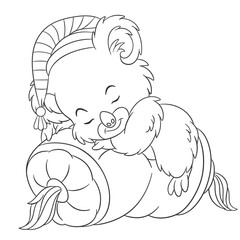 Coloring book page for kids with cute cartoon koala sleeping. Vector illustration.