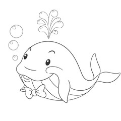 Coloring book page for kids with cute cartoon whale swimming. Vector illustration.