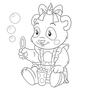 Coloring book page for kids with cute cartoon panda girl. Vector illustration.