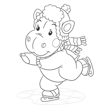 Coloring book page for kids with cute cartoon hippo ice skating. Vector illustration.