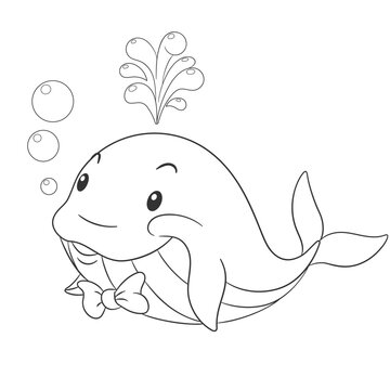 Coloring book page for kids with cute cartoon whale swimming. Vector illustration.