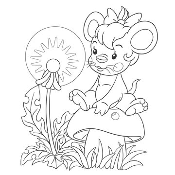 recommend clip art: Coloring book page for kids with cute cartoon mouse sitting on mushroom. Vector illustration.