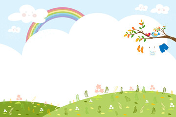 Spring or Summer landscape with rainbow and blue sky,Kids clothes hanging on the branches tree, Banner template with copy spave for Spring season, Summer time or Easter concept