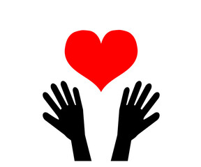 Human hands and red heart on a white background. Vector illustration.