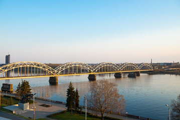 Amazing view on the river Daugava, bridge over the river.
