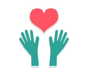 Hands in medical gloves and a heart. Symbol. Vector illustration.