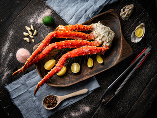 Fresh red king crab crab claws with lemon slices and spices . Tasty kamchatka crab's claw © Adsloboda