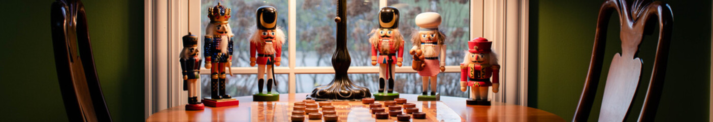 Horizontal banner of a variety of Wooden nutcrackers on a round cherry table overlooking a checkers match