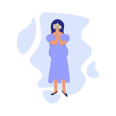 Pregnancy symptoms and problems concept. Young pregnant women suffering from toxicosis, nausea and vomiting. Morning sickness, problem with health, feeling bad, poisoning flat illustration