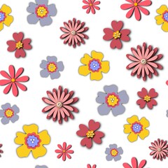 Paper flowers seamless pattern. Repeating background with paper cut florals 3D style. Backdrop for summer, spring, Easter, fabric, packaging, wallpaper, gift wrap. High quality photo.