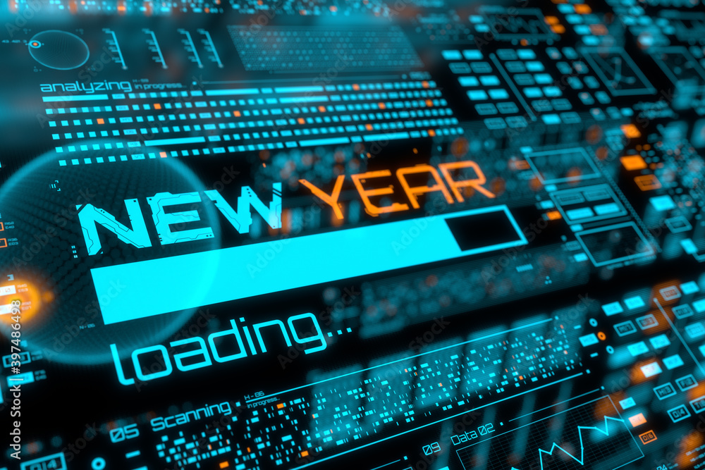 Fototapete new year progress bar on digital lcd display with reflection. abstract technology background. 3d ren