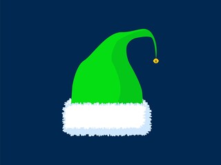 Christmas elven hat. Green cap with white fur edging and yellow bell on top cheerful santa claus helper preparing gifts festive new year party decoration with fun vector mood.