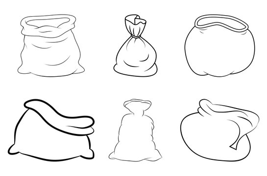 Santa sack outline set. Contour shape of santa claus bag. Vector icon, symbol, design. Empty and full. Open and closed.  Line art xmas drawing collection. Christmas illustration isolated on white.