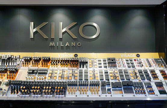 PARIS, FRANCE -23 DEC 2019- View of colorful cosmetics at Italian cheap make-up chain store Kiko.