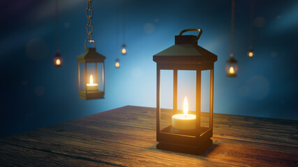 Luminous lamps in a nighttime atmosphere of magic and fantasy. 3D illustration