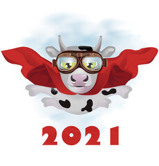Flying super-bull in a red cloak. Greeting New Year card. Vector illustration - 397488287