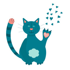 Cute stylized cat for Valentine's Day isolated on a white background. Animal in the Scandinavian style, for decorating postcards for the holiday. Vector illustration..