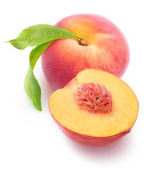 One whole peach and a half with stone isolated on white background, top view