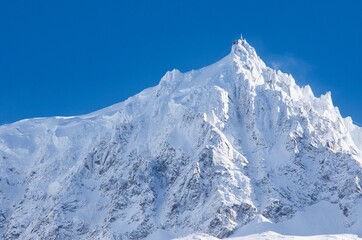 Aiguille du midi covered in fresh snow stunning view from chamonix France