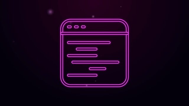 Glowing neon line Software, web developer programming code icon isolated on black background. Javascript computer script random parts of program code. 4K Video motion graphic animation.