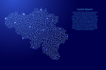 Fototapeta na wymiar Belgium map from blue pattern of the maze grid and glowing space stars grid. Vector illustration.