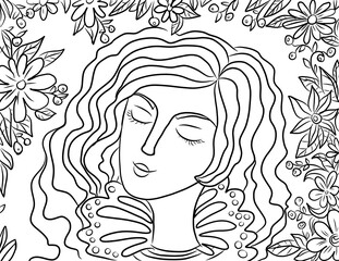 coloring book with a portrait of a beautiful girl with long hair, contour drawing by hand on a white background