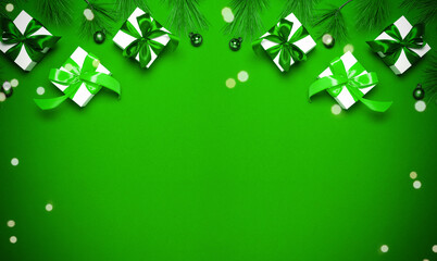 Happy new year. White gifts with emerald bow, green balls and sparkling lights in xmas decoration on greenish background for greeting card. Christmas, winter, new year concept.