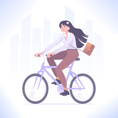 Eco friendly vehicle concept. Young woman riding bicycle to office, businesswoman going to work by city bike, vector illustration