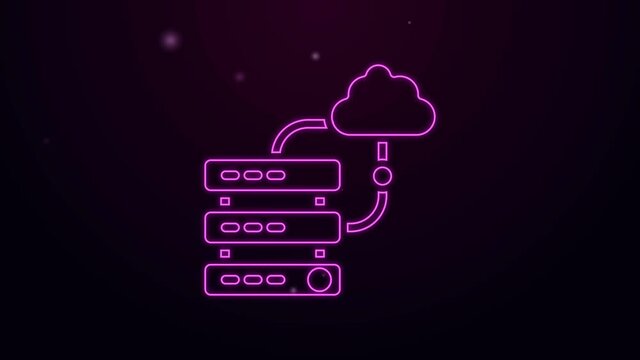 Glowing neon line Network cloud connection icon isolated on black background. Social technology. Cloud computing concept. 4K Video motion graphic animation.