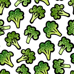 Seamless Cartoon broccoli pattern. Green broccoli isolated on white background. Hand-drawn fresh vegetables. The symbol of healthy food, eco nutrition, gardening, vegetarian menu. Vector illustration