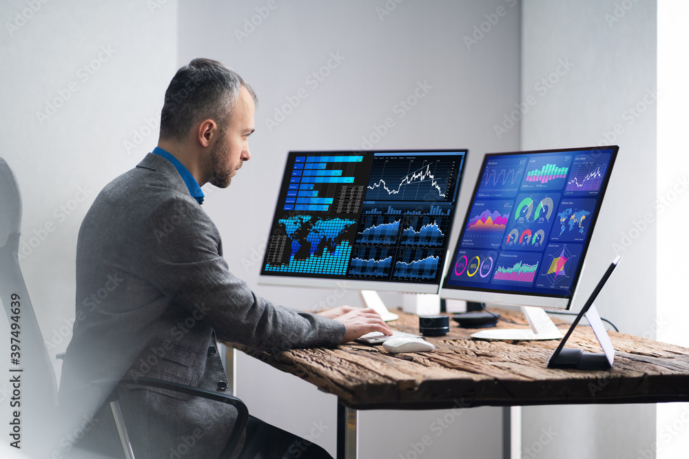 Poster financial analyst or advisor using kpi data technology