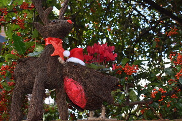 A robin and reindeer sisal Christmas outdoor decorations in central London planted with red...