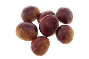 Fresh chestnuts with peeled roasted chestnut isolated on white background. Hippocastanum isolated. Isolated chestnut set