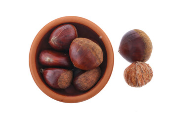 Fresh chestnuts with peeled roasted chestnut isolated on white background. Hippocastanum isolated. Isolated chestnut set