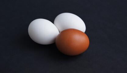 Chicken or turkey eggs of different brown and white colours on black background.Three eggs closeup and top view