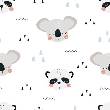Seamless pattern of a Koala and a Panda on a white background. Vector illustration in a modern cartoon style, for printing on packaging paper, postcard, poster, banner, clothing