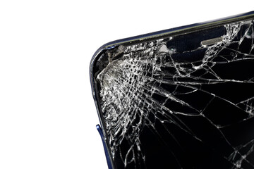 Close up of broken screen of smartphone isolated on white background with clipping path