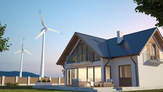 House and wind turbines, 3d illustration