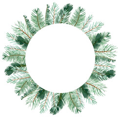 Watercolor winter green pine branch wreath. Christmas circle green branches template isolated on the white background.