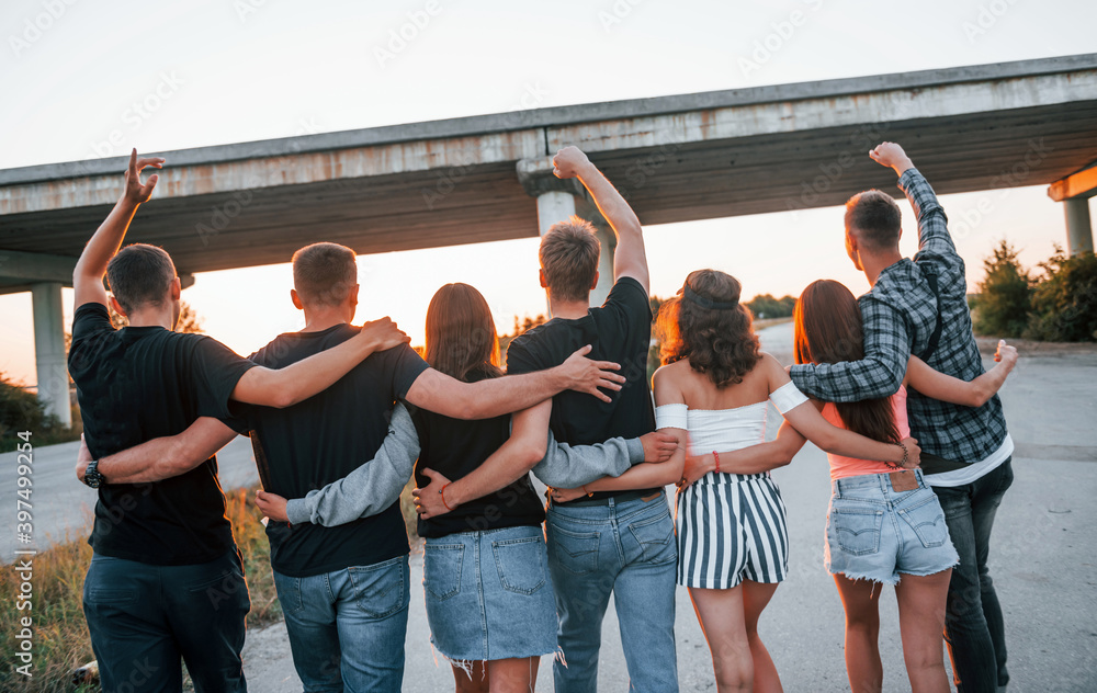 Wall mural view from behind. group of young cheerful friends having fun together. party outdoors